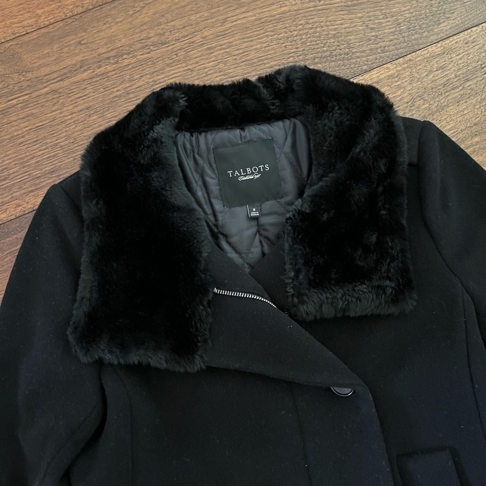 Talbots Black Wool Blend Faux Fur Collar Zip Button Front Coat Jacket‎ Size 8